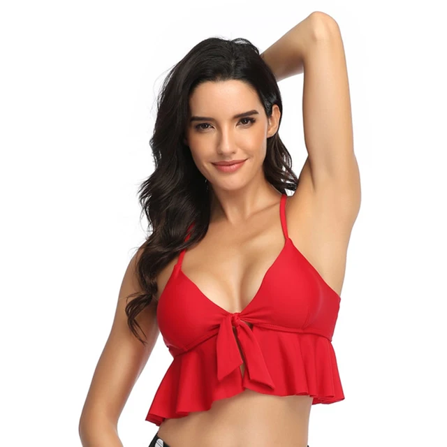 US $6.01 Bikini Tops for Women V Neck Frill Bikini Top Push Up Ruched Bandage Swimsuit Bra Lovely Swim Tank 