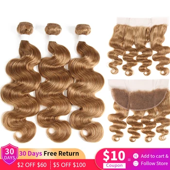 

27 30 Blonde Color Brazilian Body Wave 3 Bundles With Lace Frontal Remy Human Hair Bundles With 13x4 Closure Frontal EUPHORIA