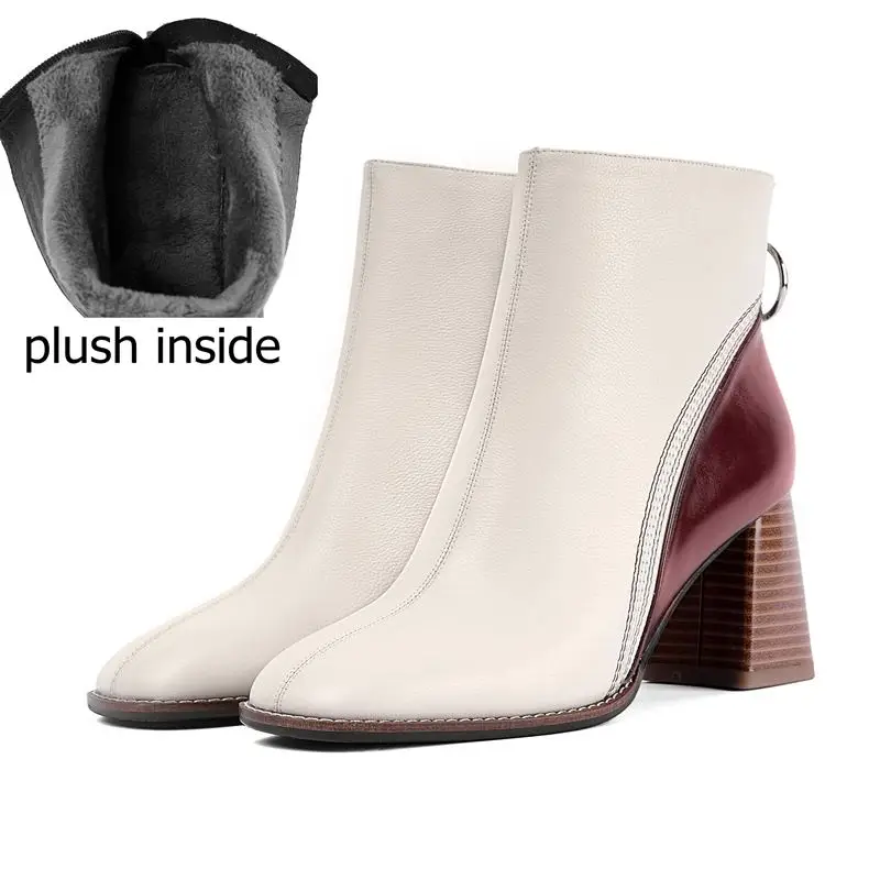 plush inside ALLBITEFO/Большие размеры: 34-41; женские ботинки из натуральной кожи на высоком каблуке; высококачественные ботильоны для женщин на толстом каблуке; зимние ботинки - Цвет: plush inside