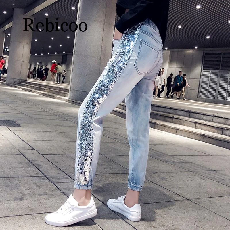 ontsmettingsmiddel Makkelijk te gebeuren Geld lenende harajuku Harem pants women Lace Up Glitter Jeans Denim Trousers Denim  Stretch Skinny blue Jeans Casual Streetwear pantalon femme|Pants & Capris|  - AliExpress