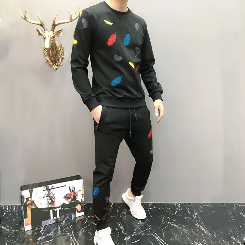 

Seestern Brand new Men's 2-piece Suit Fashionable Embroidery Five-color Feather Autumn-Winter Long-sleeved hoodie and Trousers