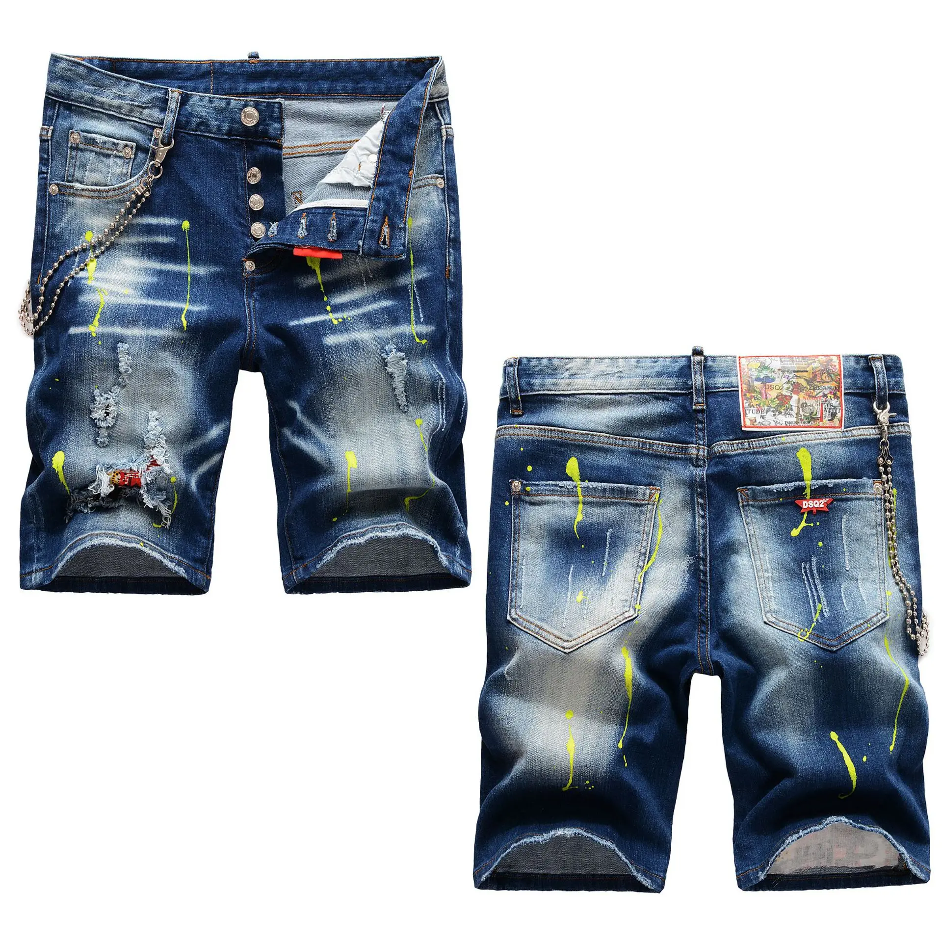 

European Italy Dsq Brand Fashion Blue Men Jeans Summer Five-point Shorts Paint Dots Hole Patch Cloth Pants Decorative Elastic