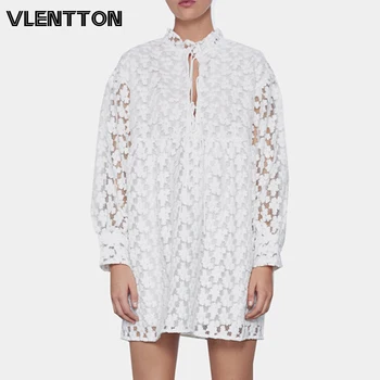 

2020 Summer White Sexy Hollow Print Embroidery Mini Dress Women Ruffled Long Sleeve Loose A-Line Party Dresses Ladies Vestidos