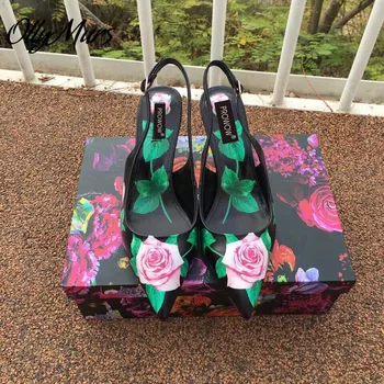 

Ollymurs New Genuine Leather Floral Printed Kitten Heel Pumps Sexy Pointed Toe Slingback Autumn Pumps Shoes Women