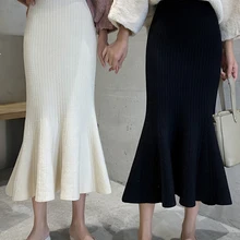 Корейская женская зимняя трикотажная юбка, эластичная талия, Русалка, макси, юбки, сексуальные, Faldas Largas Mujer