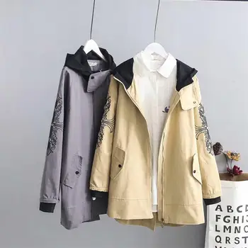 

Plus size women gray & Camel color Embroidered cotton trench coat 2018 autumn hooded ladies outwear trench coat female 6XL