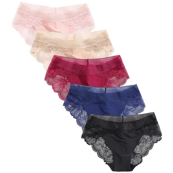 

5pcs See Through Solid Seamless Mide Rise Bikini Attractive Underwear Casual Women Briefs Knickers Soft Sexy Lace Daily Ladies