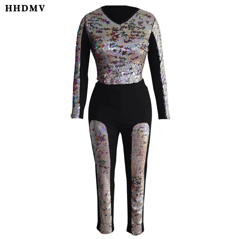 HHDMV QM3596 Горячая сексуальные Клубные вечерние с длинным рукавом v воротник короткий топ эластичные длинные штаны Блестки украшения комплект из двух предметов