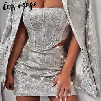 

Silver Glitter 2 piece sets women Corset tank tops and mini bodycon skirts set Sexy two piece sets female party club outfits