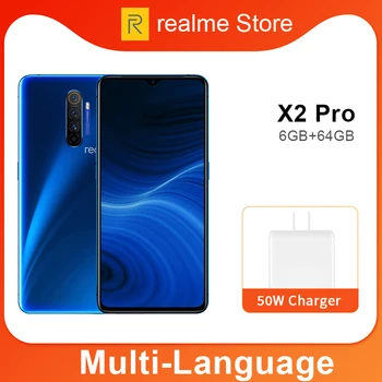 Перейти на Алиэкспресс и купить Realme X2 Pro X 2 6 Гб 64 Гб 6,5 ''мобильный телефон Snapdragon 855 Plus 64MP Quad Camera NFC мобильный телефон OPPO VOOC 50W быстрое зарядное устройство