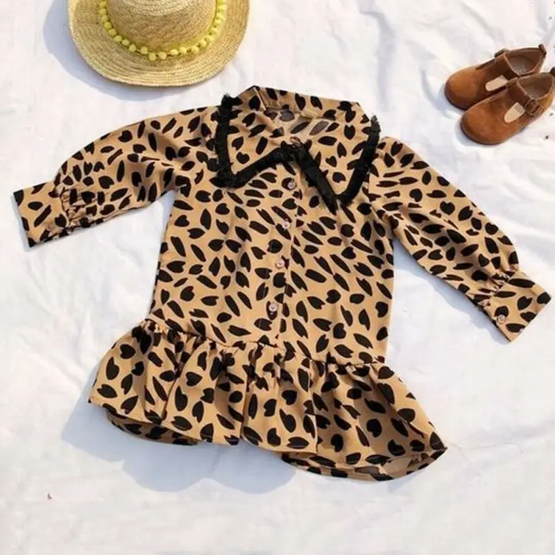 Princess Kids Baby Girl Leopard Print Long Sleeve Party Pageant Dress Clothes Casual Button Cute Soft Cotton Sweet Dresses | Детская