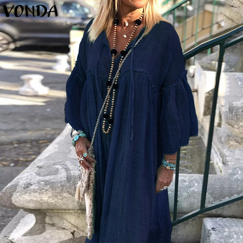 Макси длинное платье VONDA женское летнее сексуальное платье с v-образным вырезом и длинными рукавами Повседневное свободное пляжное открытое легкое платье Вечерние платья