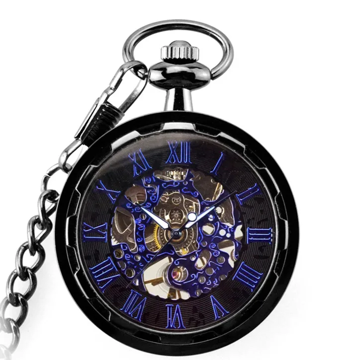 Ретро римские цифры Механические карманные часы для мужчин и женщин с брелоком цепь Скелет ручной обмотки карманные часы - Цвет: black