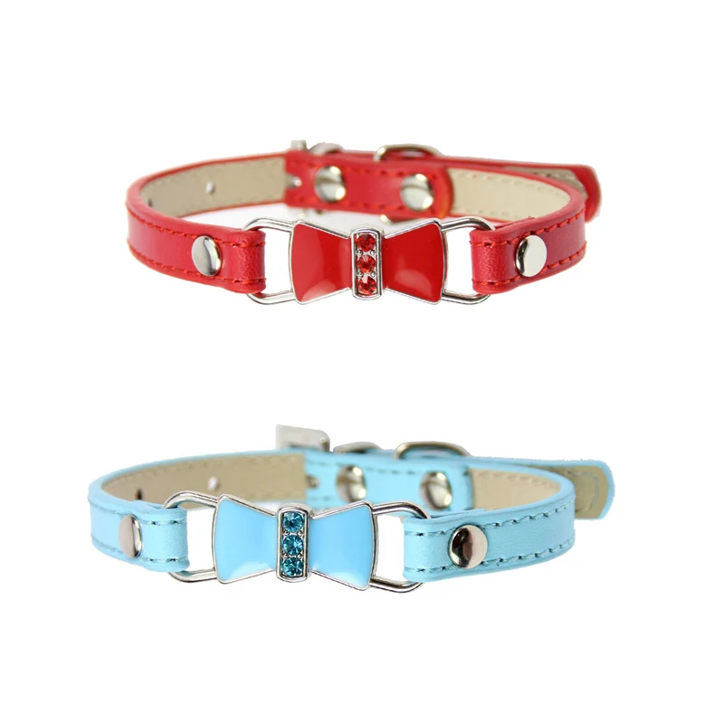 Blue Red Ошейники для кошек и щенков, ошейники для котят, регулируемый милый ошейник с бантом из искусственной кожи, 2 предмета, ошейник для домашних животных, подходящий для маленьких собак и кошек, ремень для шеи - Цвет: Blue Red
