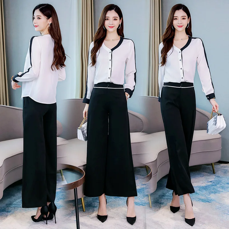 

Autumn Clothing 2019 New Style Women's Fashion Korean-style Set Long Sleeve Slimming Elegant Western Style Chiffon Loose Pants T