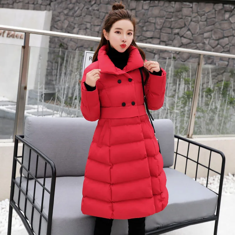 

2019 Winter New Style Korean-style Fashion Elegant Mid-length Waist Hugging Slimming Double Breasted Cotton-padded Clothes Woman