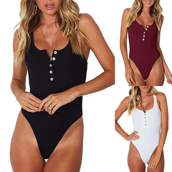 

Women Jumpsuit Skinny Slim U-neck High Waist Bodysuits Sexy Buttons Solid Ladies Jumpsuit Female Sleeveless Backless Bodysuit