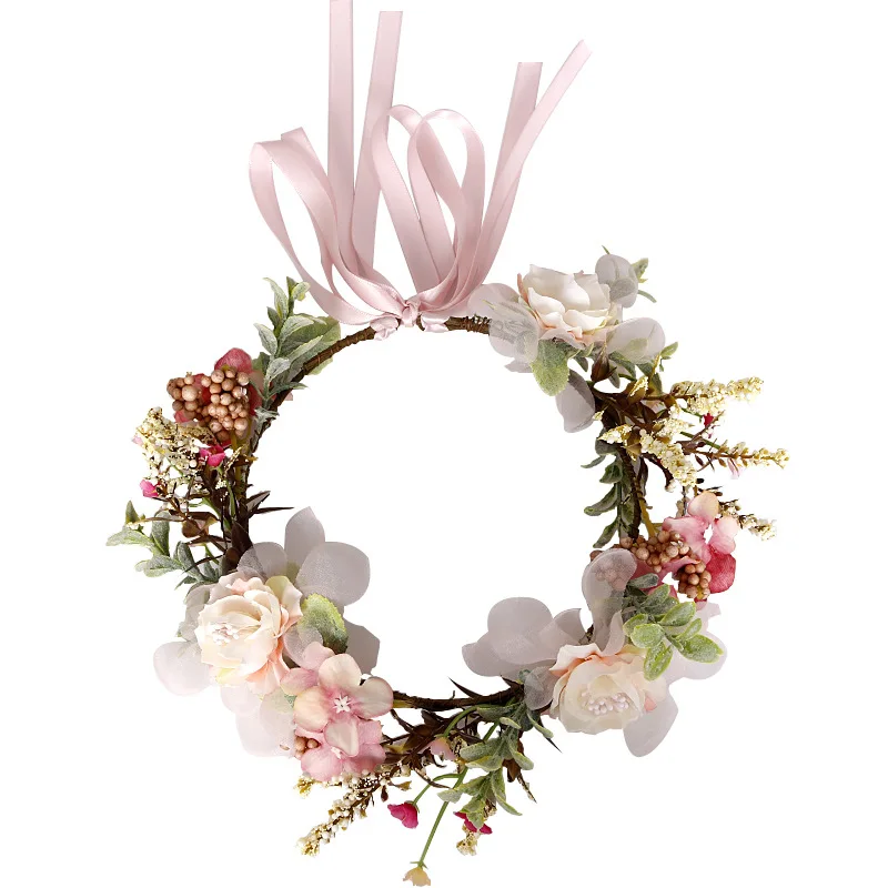 Children's headdress wreath headband pink ribbon bow headband flower hair accessories