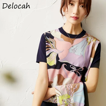 

Delocah Spring Summer Women Tops Runway Fashion Designer Short Sleeve Printed Casual Modern Female Silk Holiday Thin T-shirt