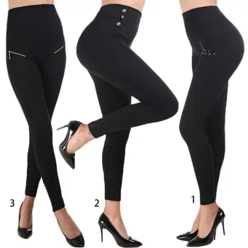 

Womens High Waist Patchwork Pencil Pants Decorative Zipper Rivets Buttons Elastic Leggings Tummy Control Push Up Skinny Tights