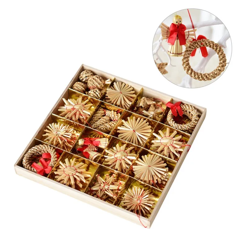 

Christmas Tree Hand-made Mini Five-pointed Star Snowflake Snowman Wheat Straw Pendant 24 Grid New