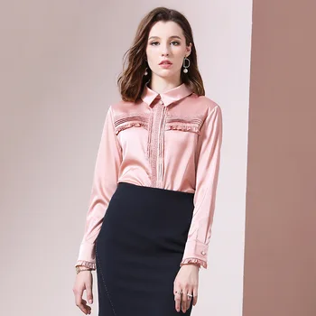 

sleeve shirt with ear edge new solid color fashion boutique women's temperament ol splicing shirt top in autumn 2019