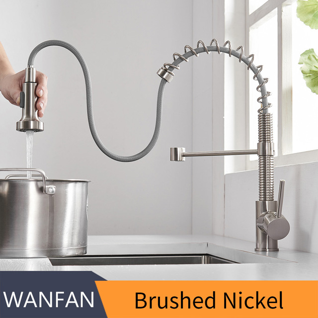 Faucets Brush Brass Faucets for Kitchen Sink  Single Lever Pull Out Spring Spout Mixers Tap Hot Cold Water Crane 866053R