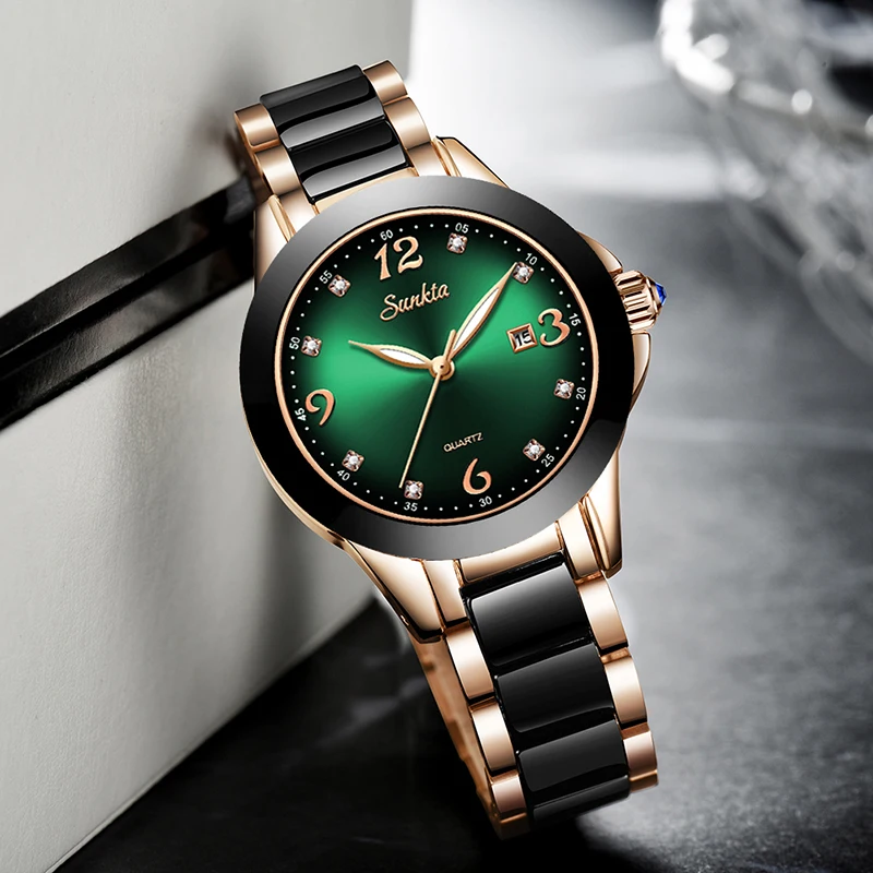 SUNKTA 2021 New Fashion ladies wrist watches Luxury Brand Crystal Dress Women Watch  Rhinestone Ceramic Wristwatch Quartz Watch