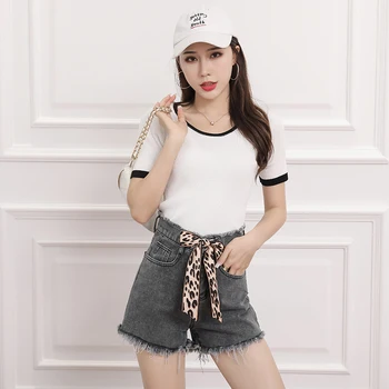 

JVCAKE women's suit with shorts set summer crop tops and denim shorts animal printed belt two piece set womens clothing