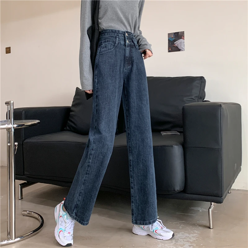 high waisted jeans Double Buckle Jeans New Wide Leg Pants High-Waisted Jeans Loudspeaker Pants Straight Leg Jeans Blue Washed Demin  Black Pants fashion clothing