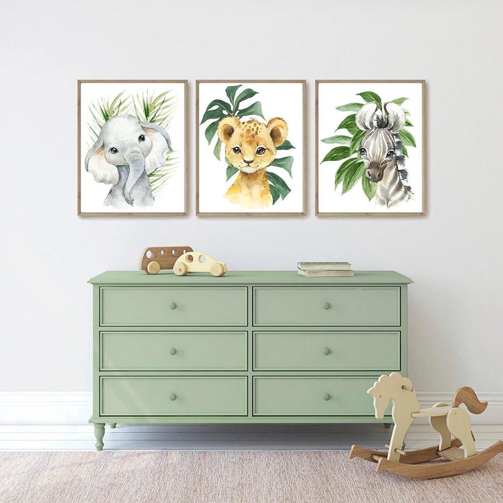 Zebra-Elephant-Lion-Jungle-Nordic-Posters-and-Prints-Green-Leaves-Wall-Art-Canvas-Painting-Pictures-for (1)