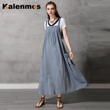 

KAENMOS Summer Dress Women Boho New Cotton Sweet Princess Moroccan Loose Leisure Vintage Big Pockets Harajuku Elastic Vestidos