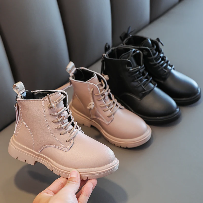 

Children Winter Boots for Girls Black Martin Boots Kids Plush Warm Snow Boots Zipper Girls Boy Leather Shoes Platform Zip Boots