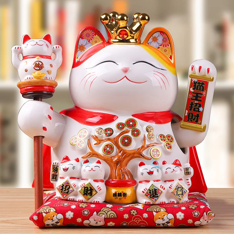 

9 Inch Feng Shui Lucky Cat Ceramic Fortune Cat Electric Shaking Arm Beckoning Fortune Maneki Neko Ornament Home Decoration Gift