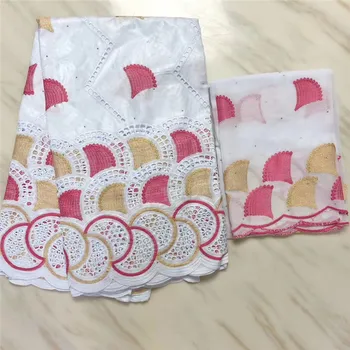 

White Mali Bazin Rihce Brode Fabric with Embroidery Swiss Voile Lace for Femme Robe New Bazin Riche Brode Fabric 5yard/set