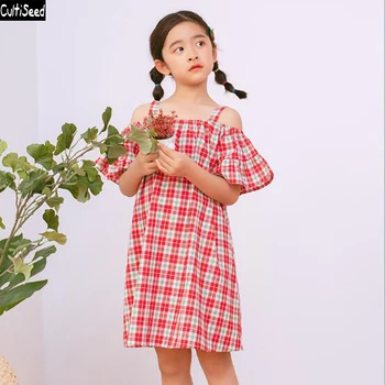 

Cultiseed Big Girls Summer Plaid Dress 2020 New Fashion Children Girl Slash Neck Spaghetti Strap Dress Kids Loose Casual Dresses