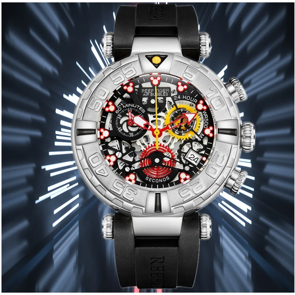 REEF TIGER/RT дизайн Топ бренд Мужские часы Резиновый стальной Скелет спортивные водонепроницаемые мужские часы Relogio Masculino+ коробка RGA3059