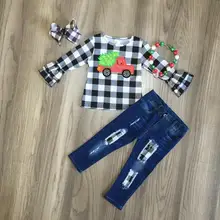 Одежда для маленьких девочек; Детские Рождественские наряды; рубашка в клетку с рисунком грузовика и дырками; джинсы для девочек; Эксклюзивная одежда с аксессуарами