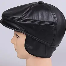Мужская Кожаная Шапка-берет с ушками из натуральной овчины, зимняя теплая уличная шапка для мужчин