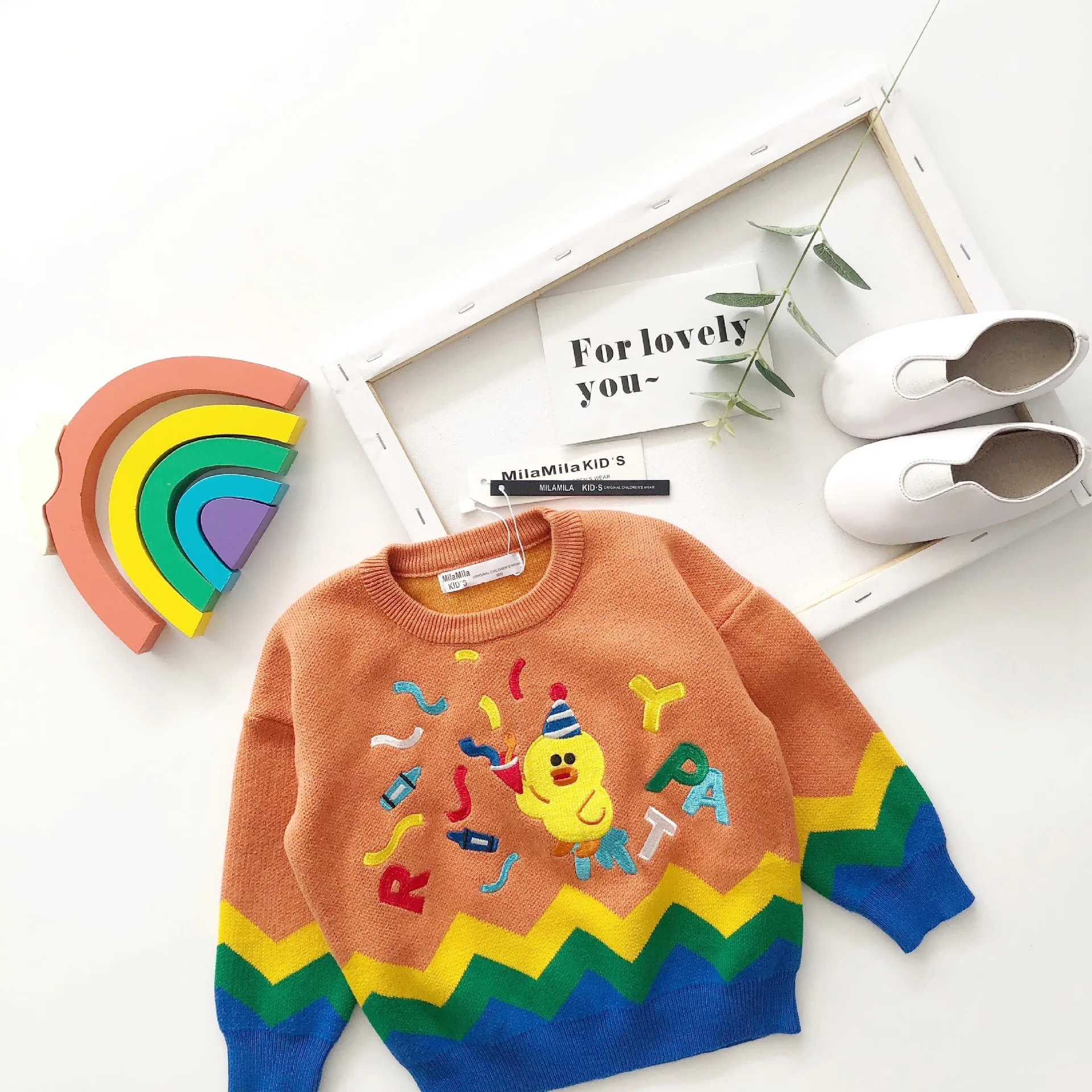 Tonytaobaby/осенне-зимняя одежда; стиль; одежда для маленьких мальчиков и девочек; Радужный свитер; оранжевый свитер с утятами