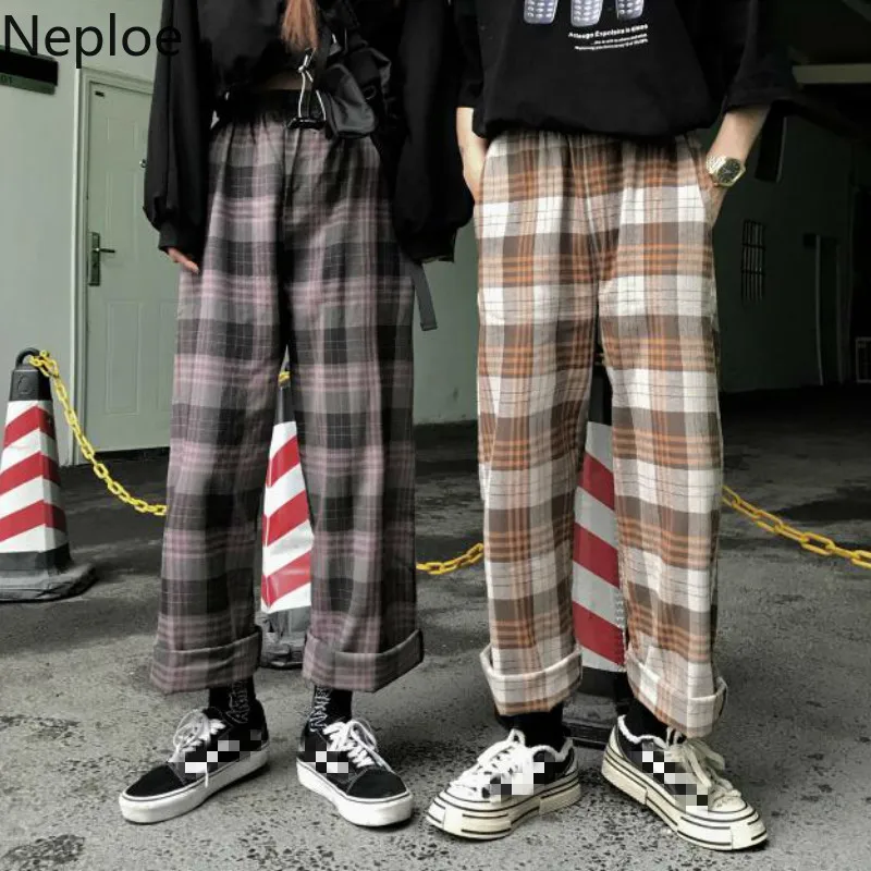 Neploe Harajuku ретро Стиль в клетку, свободные, широкие в ноге, штаны уличная одежда унисекс, Высокая Талия Повседневное с эластичной резинкой на талии брюки Ins Pantalones