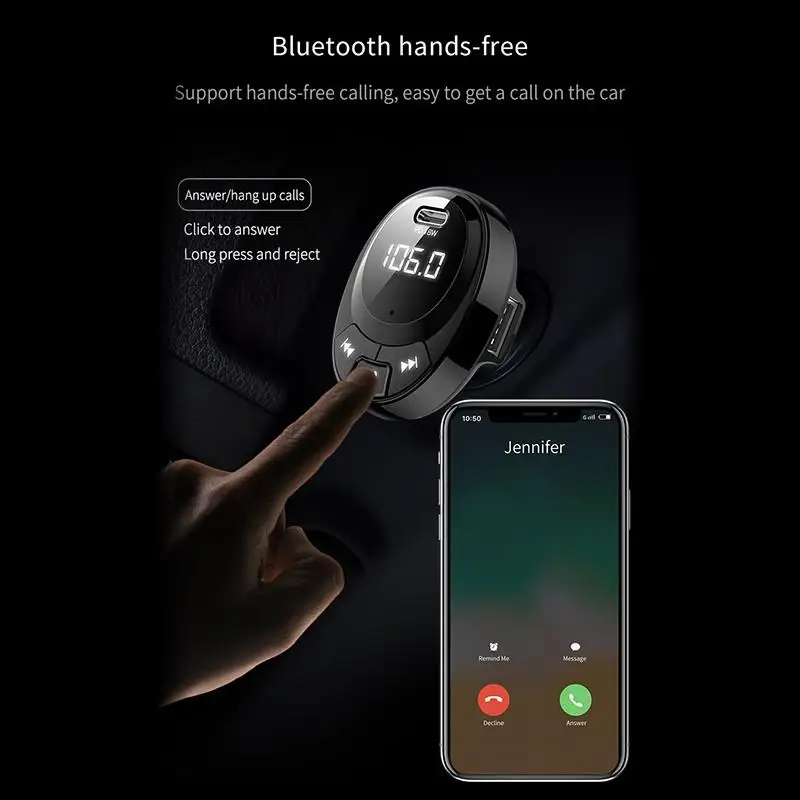 Bluetooth 5,0 fm-передатчик, автомобильное радио, fm-модулятор, аудио mp3-плеер с 3 режимами воспроизведения, двойной usb type-c, автомобильное зарядное устройство, свободные руки