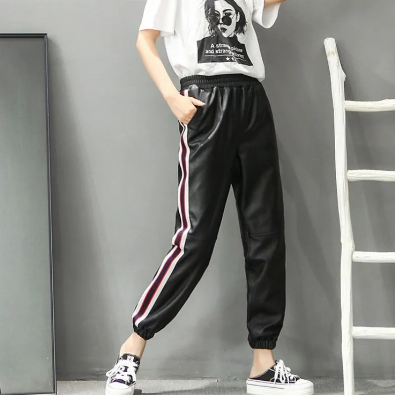 Fashion Women Casual Genuine Leather Sweatpants Elastic Waist Ankle Length Pants Streetwear Loose Fit Stripe Sheepskin Trousers