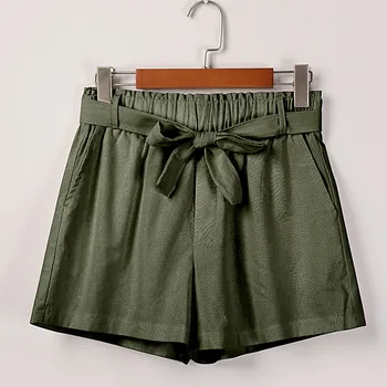 

Elegant Ribbon Bow Women Solid Print Pants Summer Pocket Loose Sleep Bottom Pants Lady High Waist Home Wear Shorts Cotton Linen