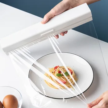 

Plastic Wrap Storage Box Food Film Cutter Roll Paper Organizer Refrigerator With Magnet With Sliding Knife Kitchen Accessories