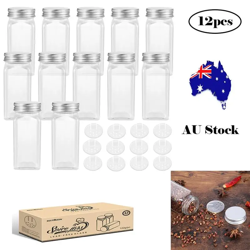 12pcs Transparent Spice Jars Square Glass Food Containers Seasoning Bottle Practical Condiment Jar With Lid Kitchen Accessories