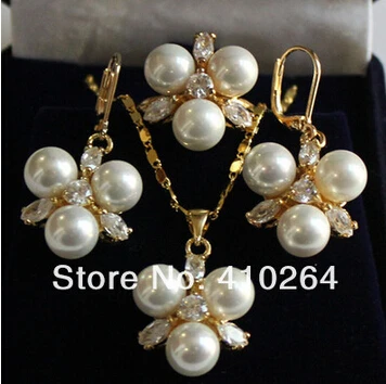 Free Shipping rhinestones Charming Jewelry Real White Shell Pearl Pendant Earring Ring Set | Украшения и аксессуары