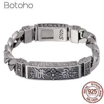 

100% 925 Sterling Silver color Tibetan Mantra Men Bracelet Link Chain Six Words Vajry Pestle Engraved Prayer Buddha Jewelry