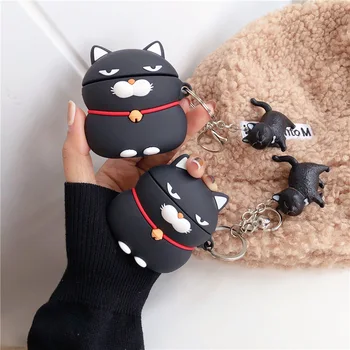 

3D Beard Blcak Cat Case Silicone with Keychain for Airpods 2 1 Cute Bluetooth Earphone Case for Airpod Pro Cover for AirPods