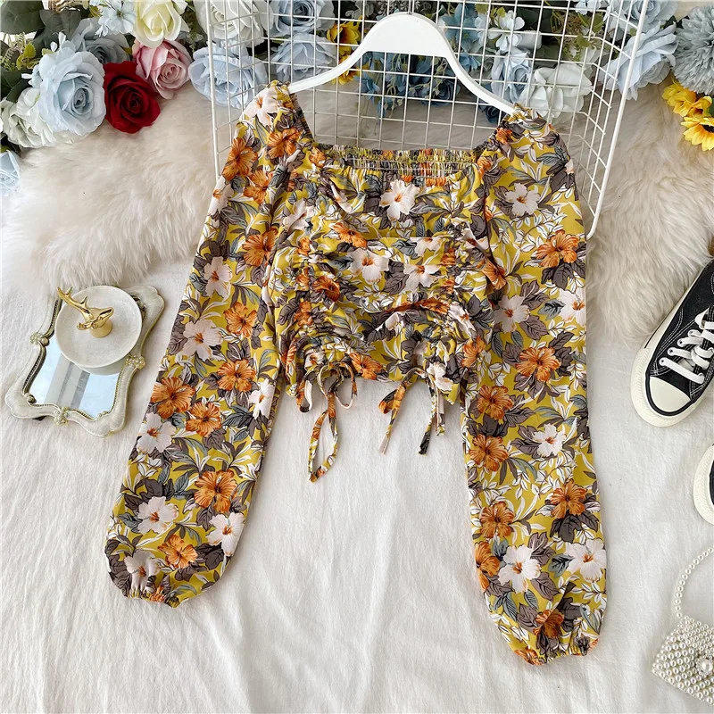 Vintage Square Collar Floral Women Blouse 2021 Summer Puff Sleeved Chiffon Drawstring Short High Waist Sexy Female Pulls Tops